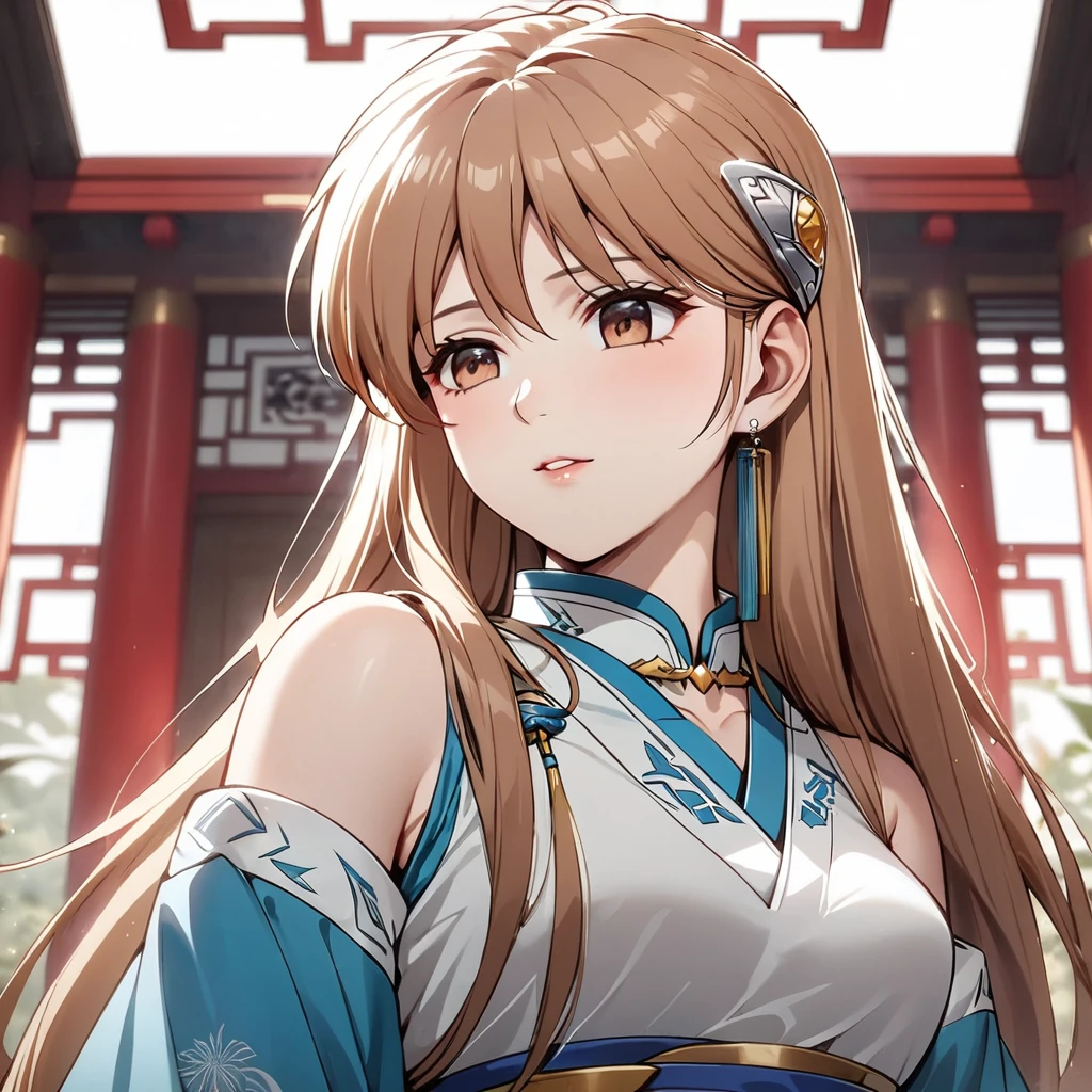 ((Highest quality)), ((masterpiece)), (detailed), （Perfect Face）、The woman is Princess Leona, who married a Chinese man, and is an ordinary Chinese woman with light brown, medium-long hair and an engagement ring.、The woman is dressed in typical Chinese clothing.