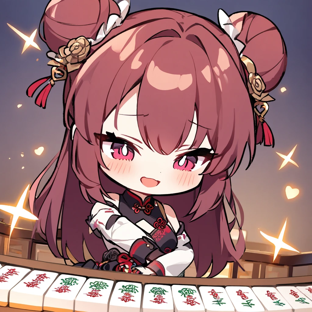 A girl in a red Chinese dress playing mahjong、Knock down a mahjong tile、Chibi Character、Bun Head、