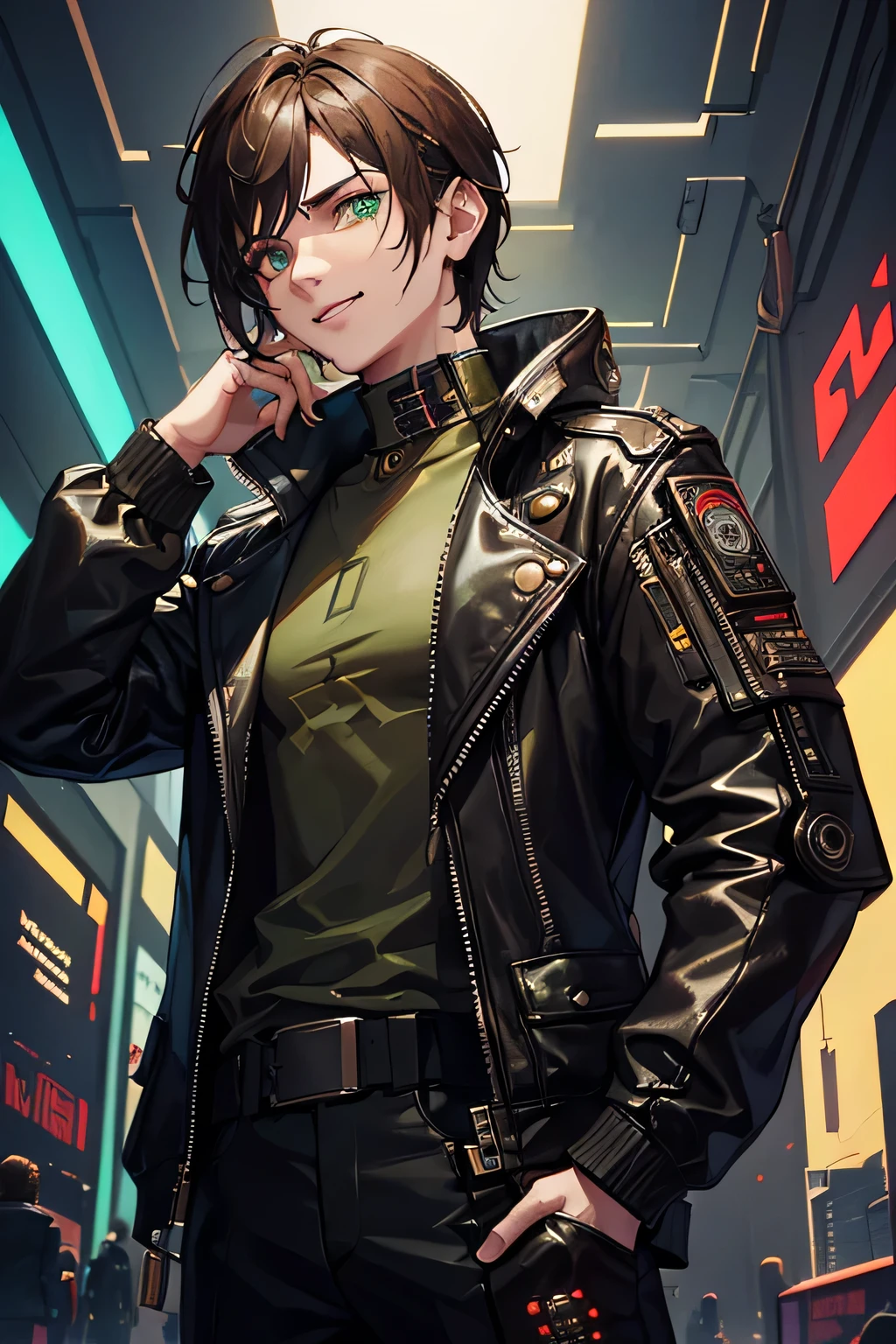 masterpiece, best quality, detailed clothes,1boy, male, boy, brown-green eyes, dark brown hair, solo, short hair, smiling, jacket,jacket,jacket intricate))))((detailed outfit,detailed clothes, male cyberpunk gear, cyberpunk clothes, neon cyberpunk background, cyberpunk style, cyberpunk