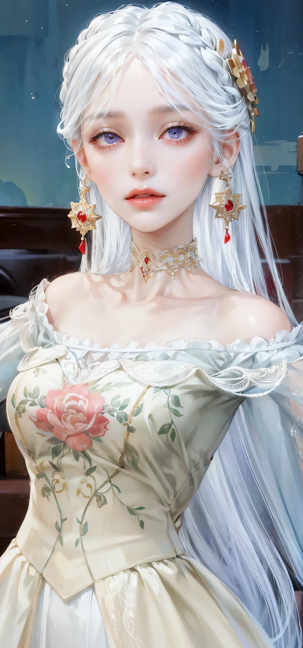 (masterpiece, top quality, best quality, official art, enchanting and aesthetic:1.2), 1female, white silver hair, royal braided hair, violet eyes, white and red dress, red and gold jewelry, high quality details, 4k eyes, white hair, silver white hair, long hair