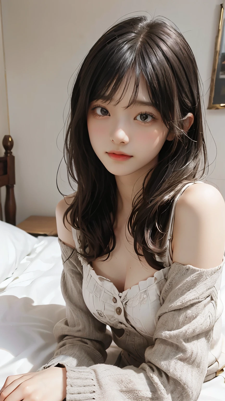 Best quality,Realistic,Masterpiece,detailed,high-resolution,Girl,feminine,flat chest,in my bed,(petting me:1.2)