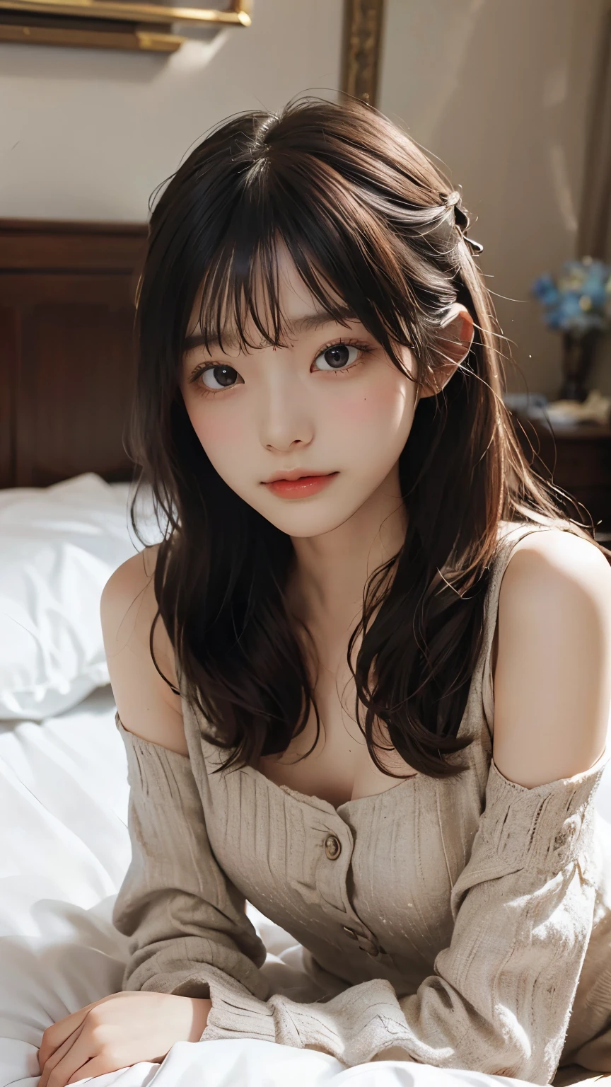 Best quality,Realistic,Masterpiece,detailed,high-resolution,Girl,feminine,flat chest,in my bed,(petting me:1.2)