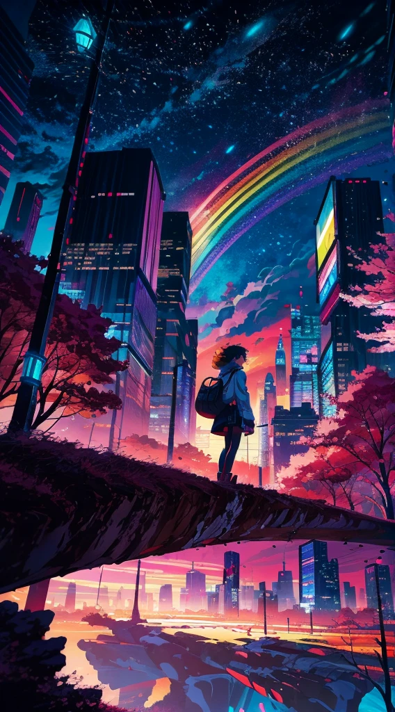 Anime girl standing in the big city looking at the rainbow sky,Near the city of the future、 Shinkai Makoto Cyril Rolando, Anime Art Wallpaper 4K, Anime Art Wallpaper 4K, anime art wallpaper 8 k, Cyril Rolando (Cyril Rolando) of inspiration, Dan Mumford (dan mumford) Artwork style, Amazing wallpapers, By Yumi