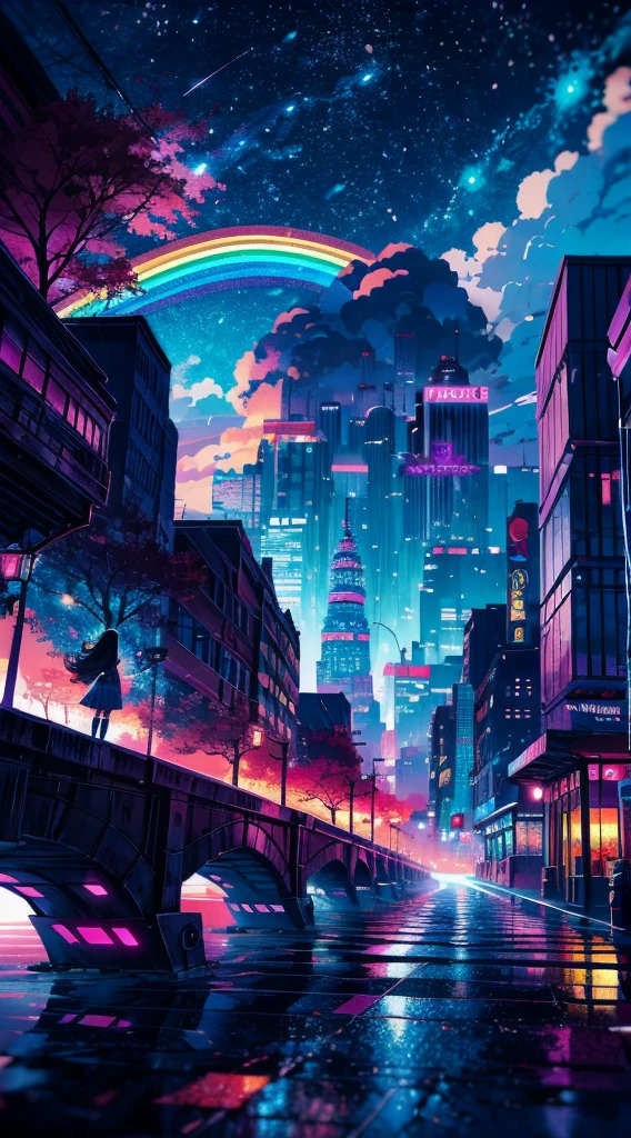 Anime girl standing in the big city looking at the rainbow sky,Near the city of the future、 Shinkai Makoto Cyril Rolando, Anime Art Wallpaper 4K, Anime Art Wallpaper 4K, anime art wallpaper 8 k, Cyril Rolando (Cyril Rolando) of inspiration, Dan Mumford (dan mumford) Artwork style, Amazing wallpapers, By Yumi