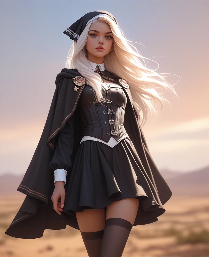((best quality)), ((masterpiece)), (detailed), 1girl, mixed race girl, African American + Caucasian girl with lighter skin, young woman, pretty, skinny, white hair, modern western attire, dark cloak, wearing casual clothes underneath cloak, black skirt, stockings, 2024 style corset top (modern look, no shirt underneath), modest, small head scarf/ hair tied, long hair