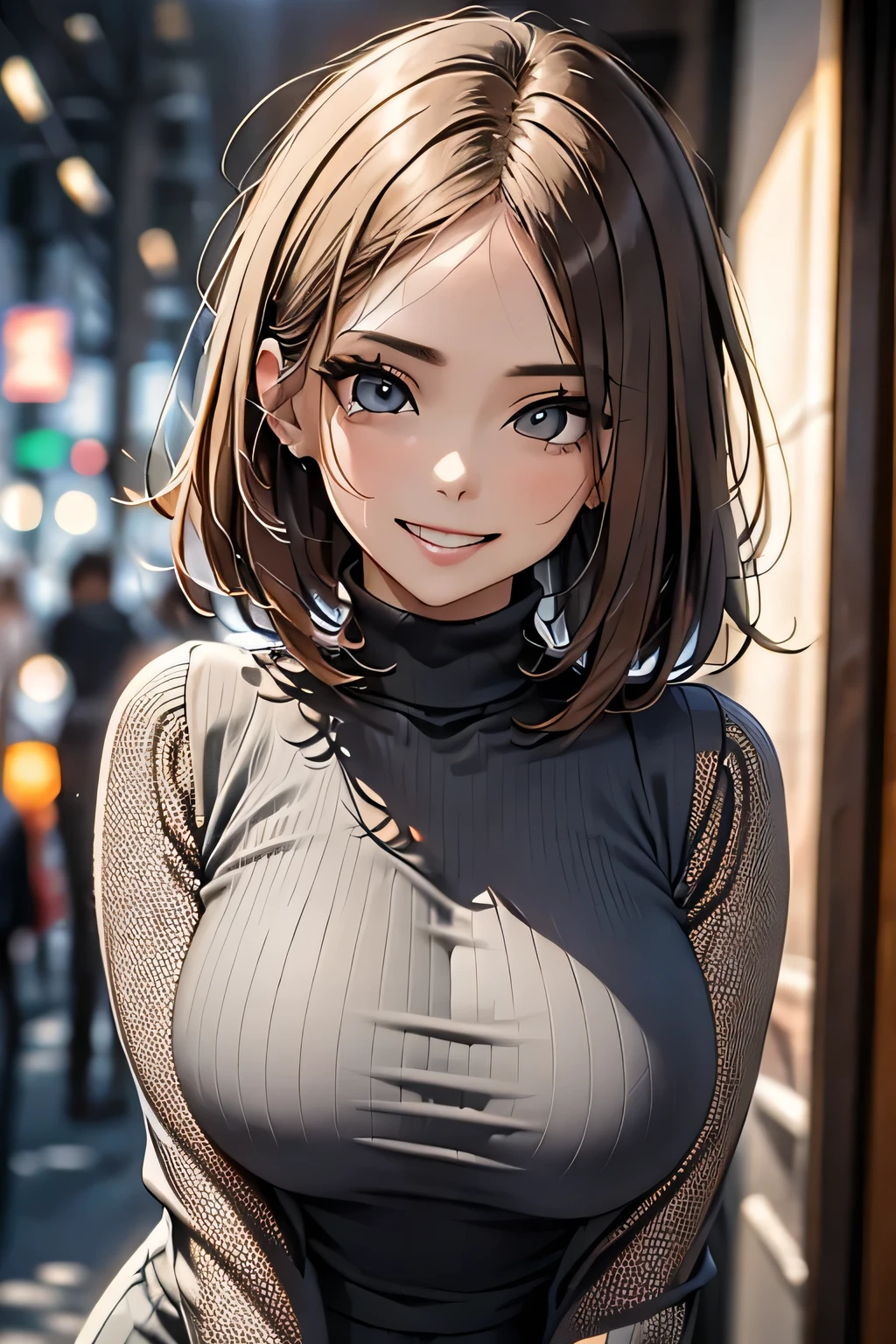 Very detailed, beautiful, Highest quality, detailed beautiful round eyes, beautiful detailed face, Whole Body Ezbian, 1 female, Bob Hair, (Random color hair, Golden mesh), Big eyes, Random color eyes, Long eyelashes, Thick mascara, Dark eyeliner, Large Breasts, Toned thighs, 40 years old, (Turtleneck tight dress), Perfect Face, Perfect body, Sexy pose, (Charming smile), Random Location, nature, (Background Asahi), (alone), ((masterpiece, Highest quality, High resolution, Pixel perfect, 8k,))