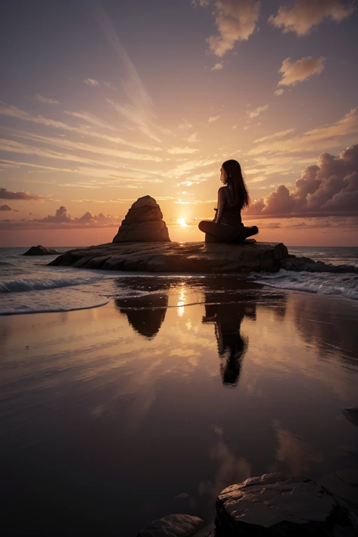 Reflection on Death
"A silhouette of a person sitting on a rock at the edge of a cliff, looking at a majestic sunset. The sky is tinged with orange and pink, symbolizing contemplation and introspection about life after death."