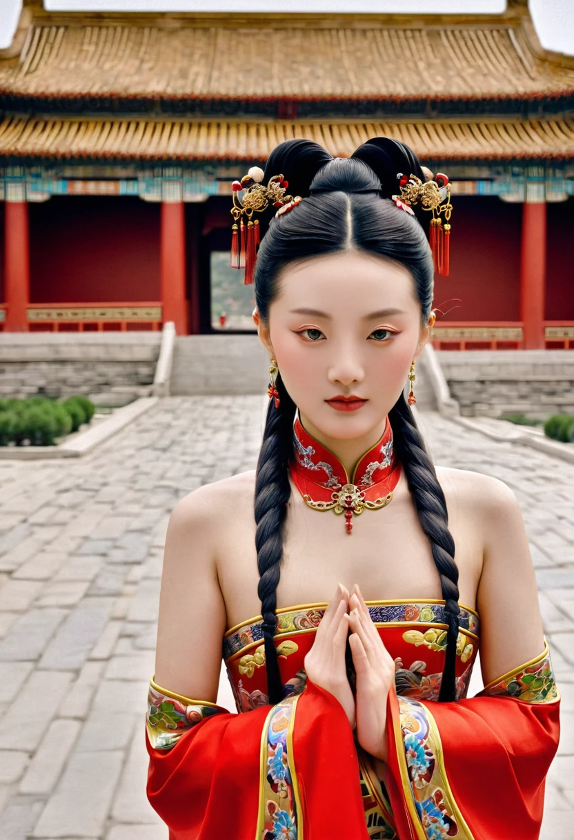 A Qing Dynasty empress seen from the front, naked from the waist up, with her red loincloth open with both hands, on the stone paving outside the Chinese palace of the Qing Dynasty. The Qing Dynasty hair was tied with double ponytails, a gorgeous Chinese empress&#39;s crown was worn, and her hair was tied up and pulled up.、