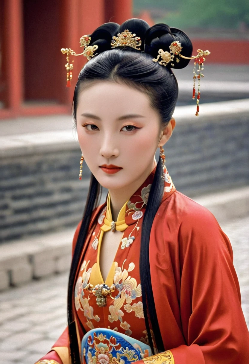 A Qing Dynasty empress seen from the front, naked from the waist up, with her red loincloth open with both hands, on the stone paving outside the Chinese palace of the Qing Dynasty. The Qing Dynasty hair was tied with double ponytails, a gorgeous Chinese empress's crown was worn, and her hair was tied up and pulled up.、