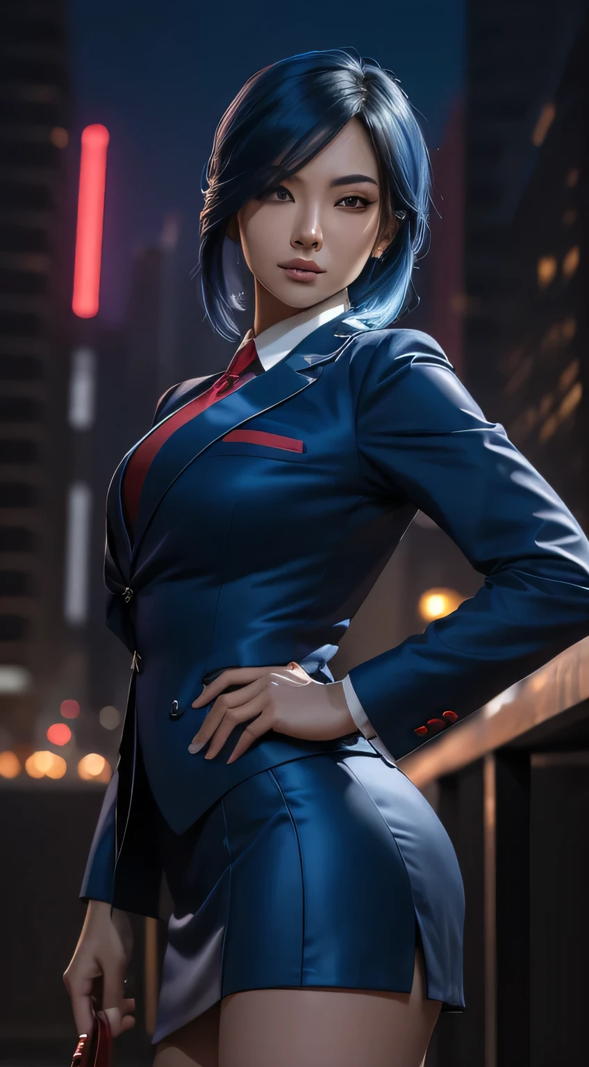 (A beautiful 25 years old Asian Hitwoman), (blue hair), (pale skin), (serious face), skirt suit, (((three-piece suit))), (((dress shirt))), (((necktie))), blazer, (((red suit jacket))), black shiny lapel (((waistcoat))), double-breasted waistcoat, (((bodycon miniskirt))), pencil skirt, tights, pantyhose, white gloves, (city at night background), view from front, waist up shot, dynamic pose, ambient lighting, photo realism, intricate face detail, intricate hand details, highly detailed, vibrant colors, cinematic, high definition, trending on Artstation--style raw,