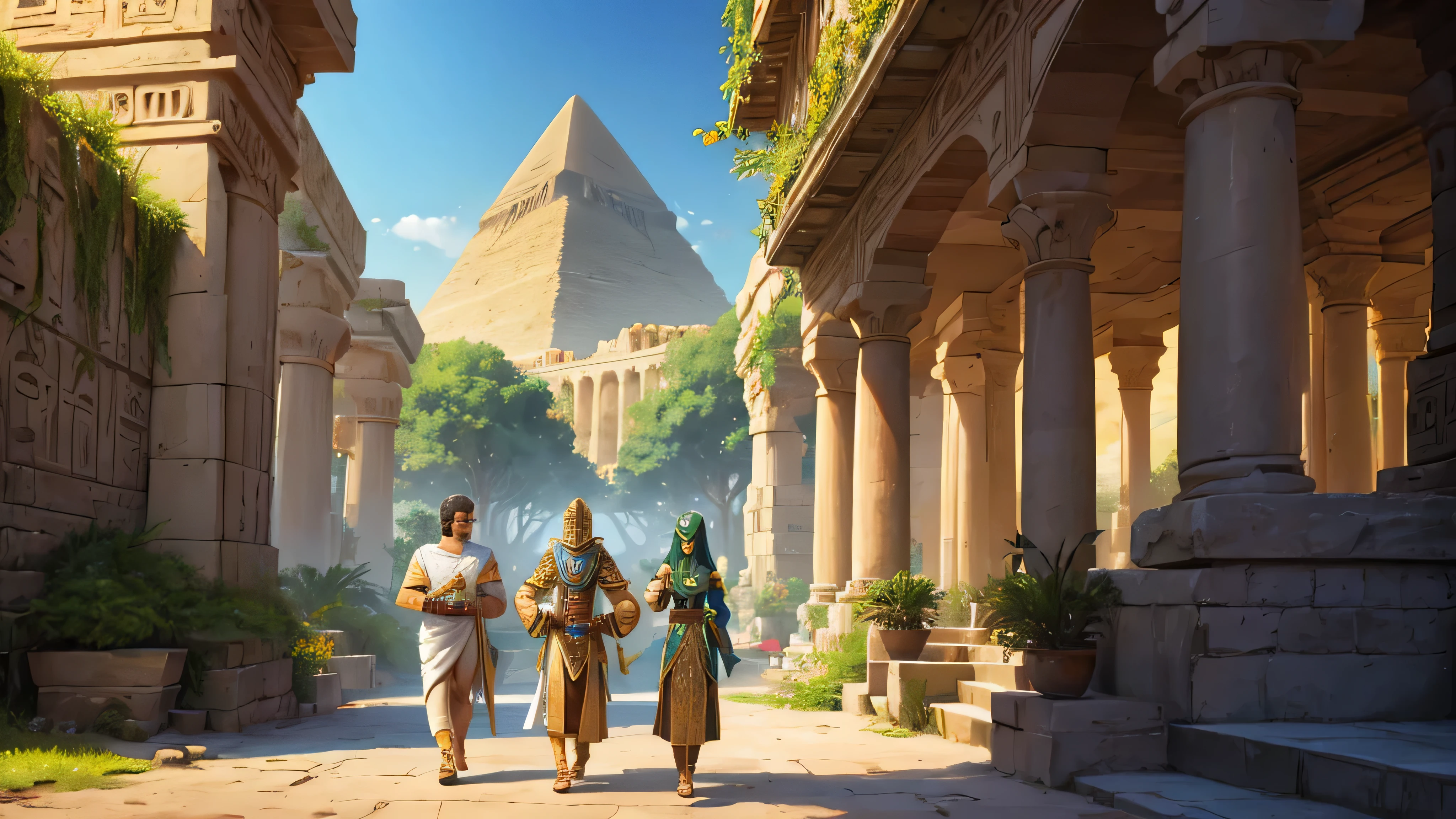Atlanteans in an advanced civilization in lush green Egypt. The scene features impressive architectural structures, including pyramids with intricate designs, advanced technology, and a vibrant community. People are dressed in unique, elaborate garments reflecting their advanced culture. The landscape is filled with lush greenery, rivers, and exotic flora. The setting sun casts a golden hue over the city, highlighting the grandeur and sophistication of the Atlantean civilization.
