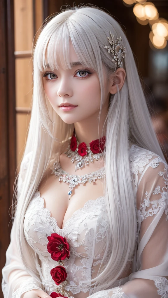 masterpiece, Highest quality, Very detailed, crystal, Intricate details, High resolution, Official Art, Beautifully detailed face and eyes, High resolutionの写真, 8k, Depth of written boundary, Bokeh, alone, One girl, A goddess with white hair and red eyes, Long white hair, Beautiful red eyes, Beautiful Landscape, Rainy Town, Upper Body, View your viewers,