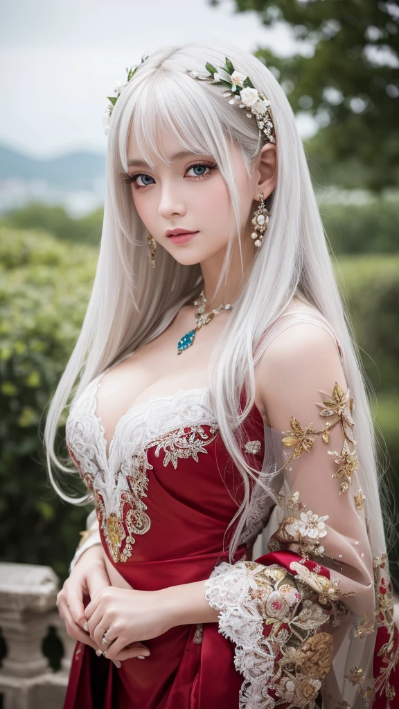 masterpiece, Highest quality, Very detailed, crystal, Intricate details, High resolution, Official Art, Beautifully detailed face and eyes, High resolutionの写真, 8k, Depth of written boundary, Bokeh, alone, One girl, A goddess with white hair and red eyes, Long white hair, Beautiful red eyes, Beautiful Landscape, Rainy Town, Upper Body, View your viewers,
