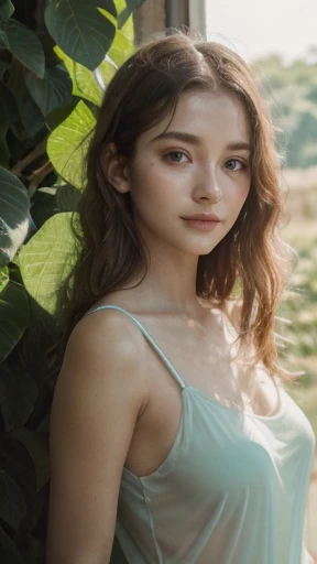 Slow deep-process Quality Images, Follow ai Top Score Criteria, Magazine Model body posture,
1st priority resources on Eye,
2nd priority face shape,
3rd priority breasts-shape details,
4th priority clothing transparency,
Low priority and low quality on others,
D40-24-35 firmed body , natural young breast-D40 drop-shape, nice big areola shadow, breasts clear shape , height-175cm weight-58kg,
Long Hair Hazel Gold light-brown, rich Body Quality, 1girl, Solo,
bright round wide big eye x1.08, detailed eye, high quality moist eye, large clear pupil , Light-turquoise-blue-lighting high definition eyes, big-light-glowing-eye,
Body arouse blush tighten, face blush, anglic glow skin, high Dopamine hypersexuality,
dress-organza see through fabric - white pure bright - transparent Light pajamas, young 16 year old, no face wrinkle , natural balanced tight v-face , ulthera sharp shape face, thin asean lip, happy-shy-smile,
Farm house scene, wide perspective, Green-wet-leaves, angel glow fairy atmosphere, late afternoon sun light 45 degree, strong Backlighting , dry windy,
bokeh swirl background, look at camera, front face focused, Looking stare to viewer, half body down to hip image,Depth Of Field,,