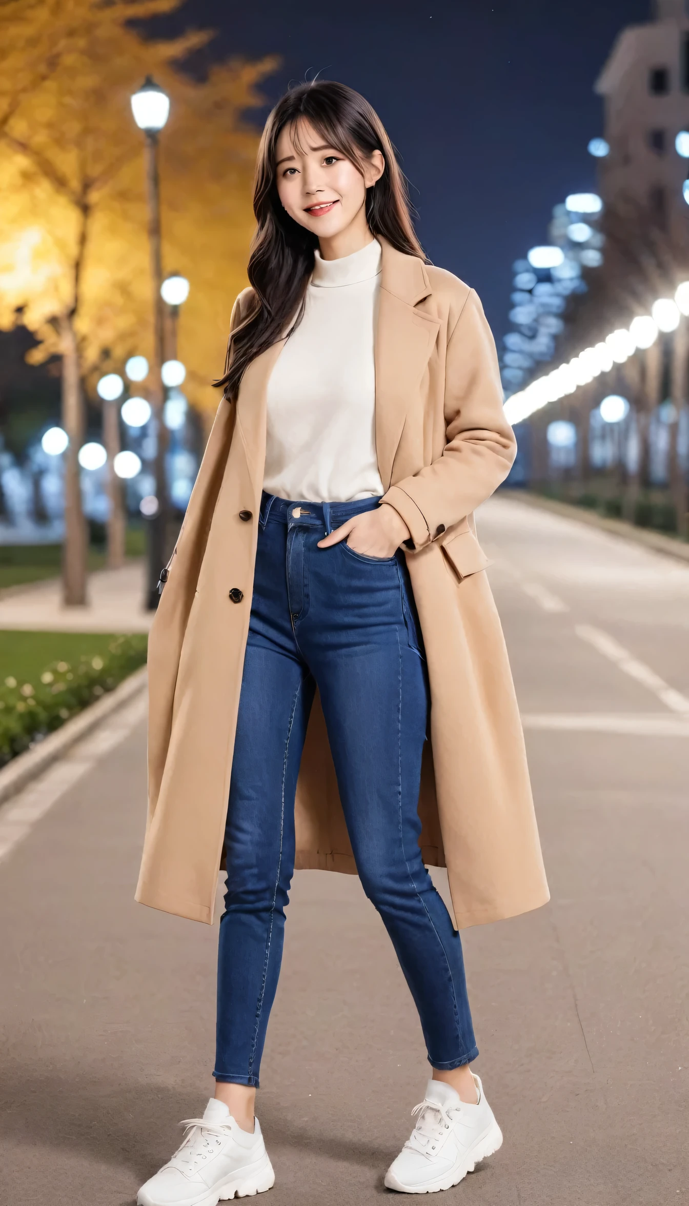 high quality,16K:1.1),(Depth of written boundary:1.3) ,Full body photo、Standing woman、smile、Black Hair、Wearing a coat、shirt、Skinny jeans、sneakers、View your viewers:1.3),(Full Body Shot:1.2),Background is a park at night
