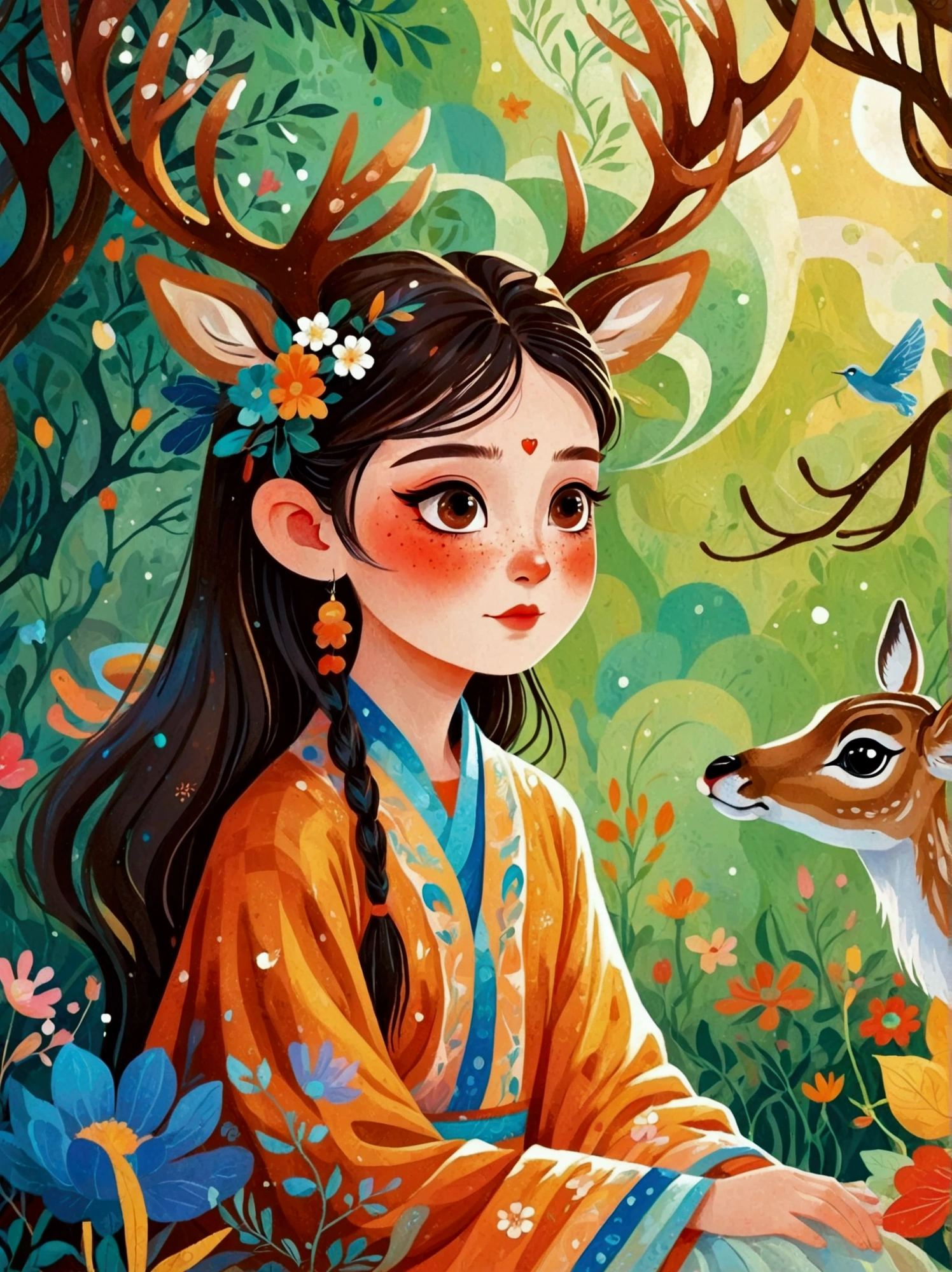 (8k，Bright colors，Bright，Ultra high saturation，rgb, Colorful), Cartoon,Character Design,Surreal photos，Seven-Colored Deer Guardian，High-resolution photos，The huge and beautiful seven-colored deer，A peaceful and dreamy scene，A little girl in Hanfu sits next to a giant seven-colored deer，(((In prayer)))，so cute，Detailed facial details，The background is a magical forest full of spirituality，Create soft、Flowing atmosphere。Beautiful overall composition，microorganism，plant，Marine Life，Exquisite eyes，Starry Sky，Abstract mosaic painting，Describing the inner world of autistic people，Sense of space，White space，interesting，Innocence，Psychedelic Art，可爱的Q版Cartoon风格，Simple background，Colorful illustrations, Bright colors, Full body image, HD, High-resolution images in a Q-version style