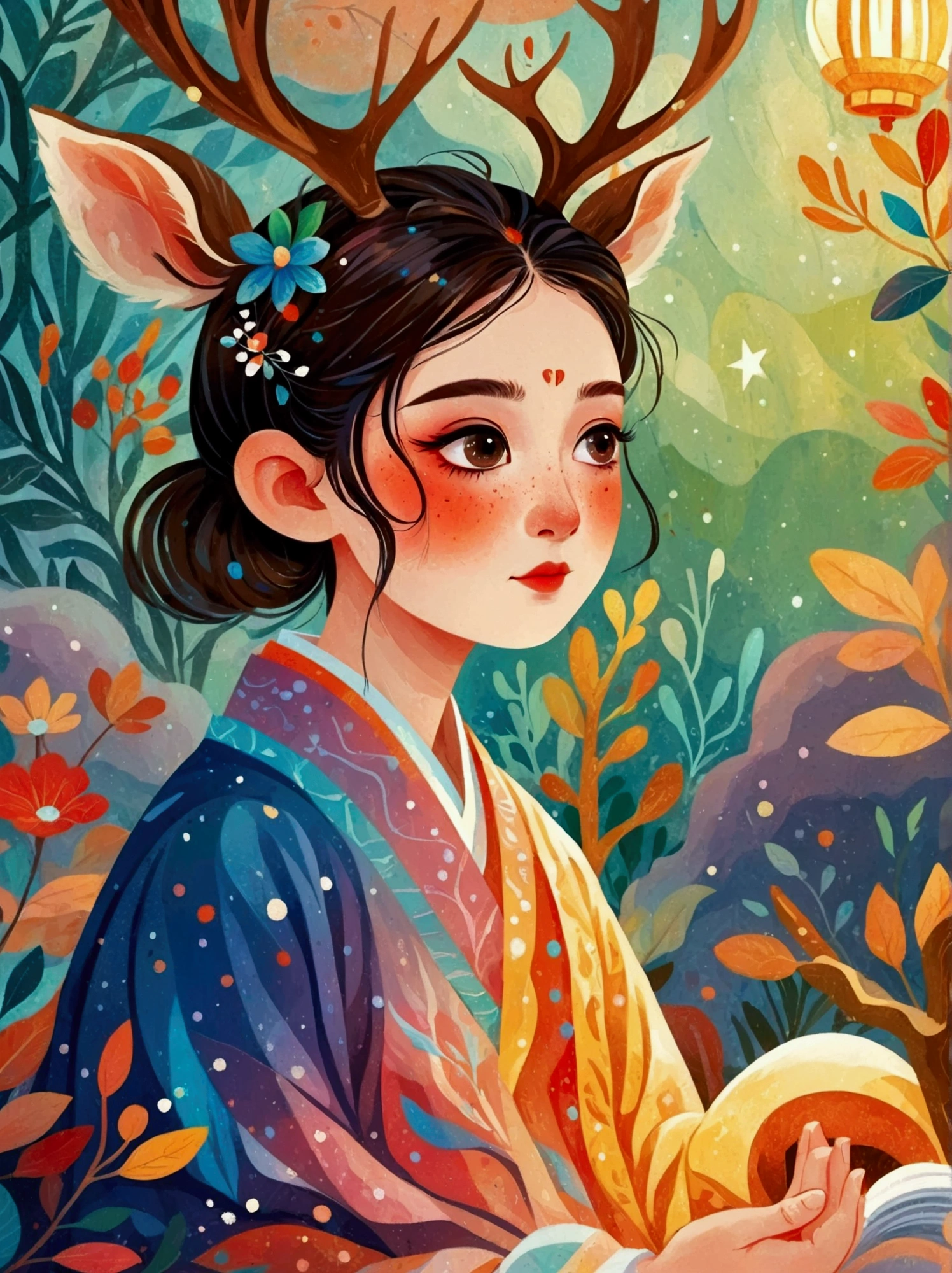 (8k,Bright colors,Bright,Ultra high saturation,rgb, Colorful), Cartoon,Character Design,Surreal photos,Seven-Colored Deer Guardian,High-resolution photos,The huge and beautiful seven-colored deer,A peaceful and dreamy scene,A in Hanfu sits next to a giant seven-colored deer,(((In prayer))),so cute,Detailed facial details,The background is a magical forest full of spirituality,Create soft、Flowing atmosphere。Beautiful overall composition,microorganism,plant,Marine Life,Exquisite eyes,Starry Sky,Abstract mosaic painting,Describing the inner world of autistic people,Sense of space,White space,interesting,Innocence,Psychedelic Art,可爱的Q版Cartoon风格,Simple background,Colorful illustrations, Bright colors, Full body image, HD, High-resolution images in a Q-version style