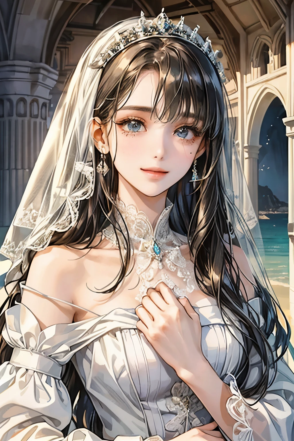 white、Ocean、Droopy eyes、Brown eyelids on face、smile、 female、Woman in a dress、Long Hair Girl、((Long Hair Girl))、Girl with bangs、Detailed face、Beautiful face、((Best image quality))、Mole、bride、white手袋、Lace dress、Veil、Long sleeve