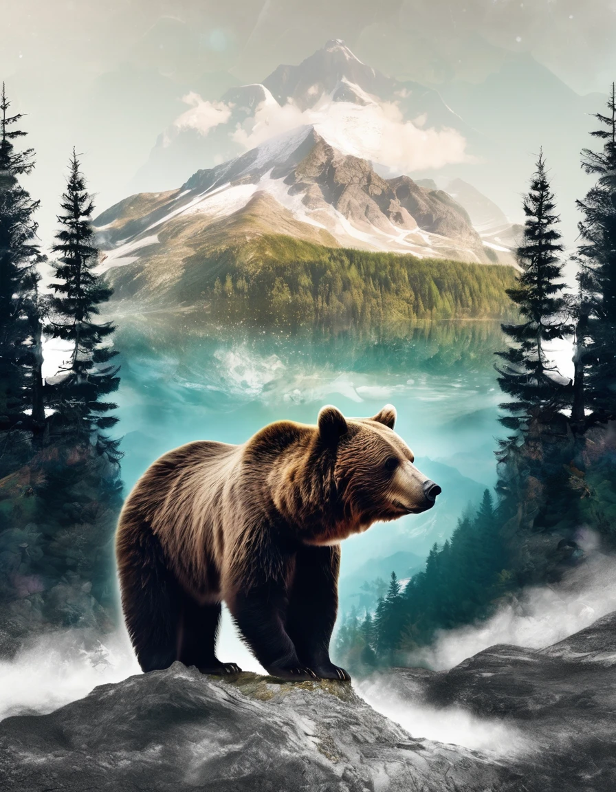 double exposure, a bear face and a mountain digital illustration