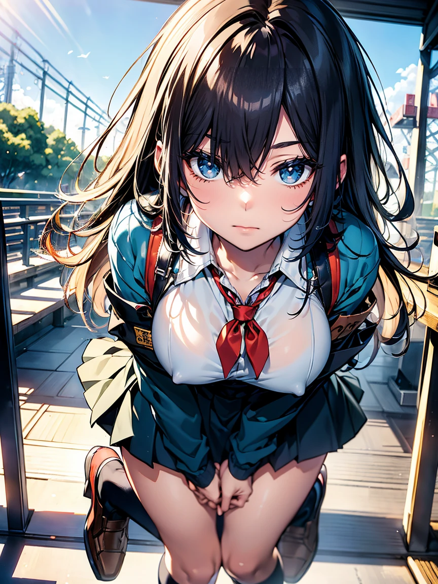 ((school uniform:1.3)),high quality, High resolution, Ultra-detailed, high resolution, high quality, Anime illustration, (Beautiful, detailed eyes: 1.2), Detailed eye depiction, (Detailed eyes and face:1.3), (Highly detailed CG, Best Shadow:1.1), Depth of Field and Blur, (Perfect detail: 1.1) , Digital Illustration, エナメルart, center, Watercolor, artステーション, コンセプトart, Character Sheet, Lei Bo, 美しいアニメのWatercolor, Vibrant colors, Sharp focus, art:Kim Hyung-tae, The finer details, Intricate details, Curvaceous body, Detailed eye depiction, Vibrant colors,((Nervous look before riding a roller coaster, Hand in hand, Trembling legs))