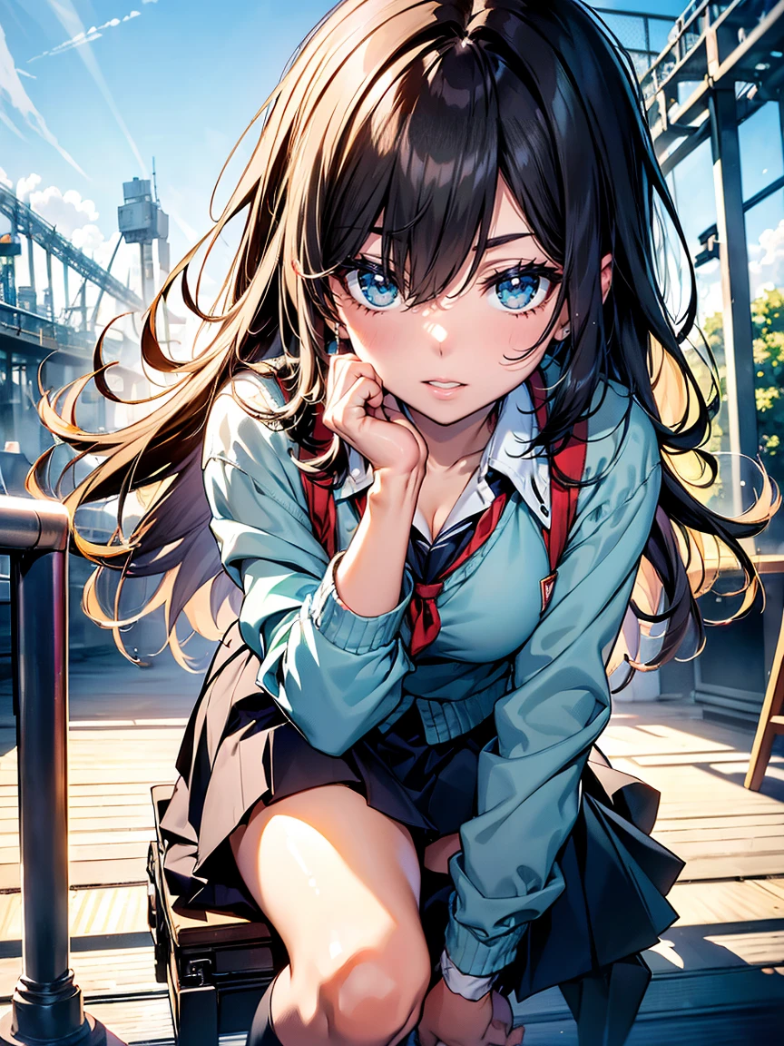 ((school uniform:1.3)),high quality, High resolution, Ultra-detailed, high resolution, high quality, Anime illustration, (Beautiful, detailed eyes: 1.2), Detailed eye depiction, (Detailed eyes and face:1.3), (Highly detailed CG, Best Shadow:1.1), Depth of Field and Blur, (Perfect detail: 1.1) , Digital Illustration, エナメルart, center, Watercolor, artステーション, コンセプトart, Character Sheet, Lei Bo, 美しいアニメのWatercolor, Vibrant colors, Sharp focus, art:Kim Hyung-tae, The finer details, Intricate details, Curvaceous body, Detailed eye depiction, Vibrant colors,((Nervous look before riding a roller coaster, Hand in hand, Trembling legs))