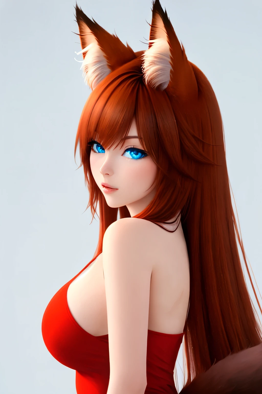 a one woman, russet hair, Super long hair, blue colored eyes, big-ass., wide shot, uhd, high quality, high details, best quality, highres, 8k, fox ears, animal tail