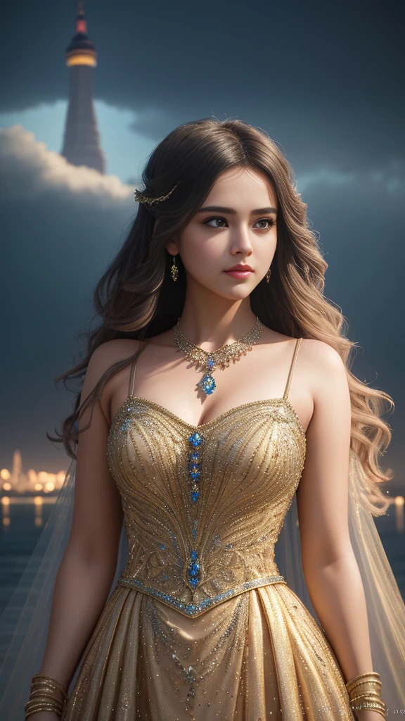 beautiful teenage girl Wear a fantasy style evening gown. wearing a luxury diamond necklace standing on liberty island perfect light Perfect composition Beauty Masterpiece Award winning Artstation 8 k Artgerm Mucha Dim volumetric lighting Octane 18 k Beautifully detailed rendering. post processing, portrait, hyper detail, complex, grand composition, cinematic lighting, masterpiece, trending in art station, super detailed, masterpiece, beautiful, 18k, hdr, smooth, sharp focus, high resolution.