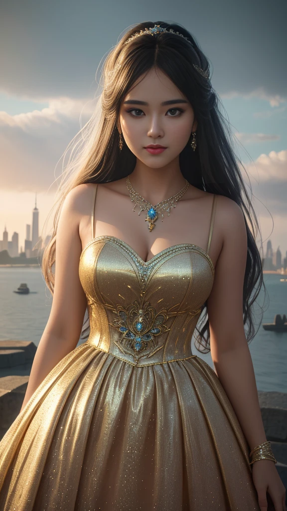 beautiful  girl Wear a fantasy style evening gown. wearing a luxury diamond necklace standing on liberty island perfect light Perfect composition Beauty Masterpiece Award winning Artstation 8 k Artgerm Mucha Dim volumetric lighting Octane 18 k Beautifully detailed rendering. post processing, portrait, hyper detail, complex, grand composition, cinematic lighting, masterpiece, trending in art station, super detailed, masterpiece, beautiful, 18k, hdr, smooth, sharp focus, high resolution.
