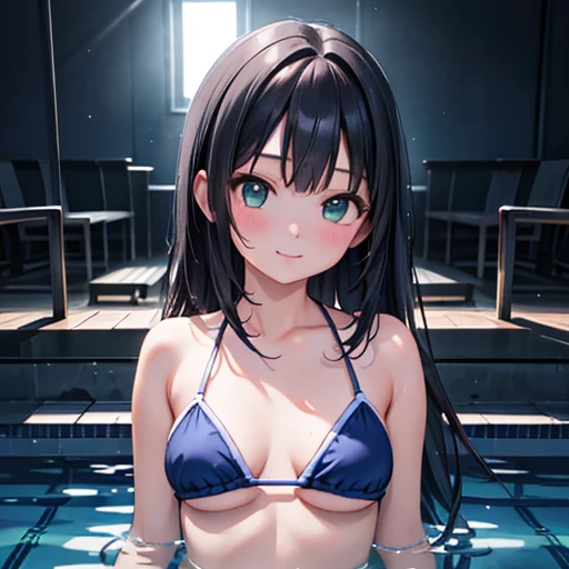 Japanese girl in blue bikini at the pool、Black Hair、(Green Eyes)、Long Hair、diving underwater、float above the water、Looking at the audience、Pose with a smile(Highest quality、masterpiece)))、High resolution、Very detailed、masterpiece、Cinema Lighting、(8k、Highest quality、masterpiece:1.2)、(Realistic、Photorealistic:1.37) High resolution、Very detailedな、1 girl 、Asian, cute, cute顔, Beautiful and detailed skies in Solo, Cinema Lighting, Written boundary depth, Lens flare light、date、(Blushing your nose)、(Shut your mouth.)Small breasts、Beautiful and delicate eyes、Camera angle looking up from below、Large Breasts