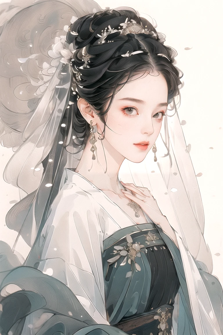 (masterpiece), best quality, best quality, Highly detailed CG Unity 8k wallpaper, Original, high resolution, (Depth of Field: 1.5), Honesty: 1.3, Chest, bride portrait style, 1 girl, curtain, veil , bridal veil, Wedding dress, curtain, Jewelry, Solitary, earrings, teeth, bride, Black_hair