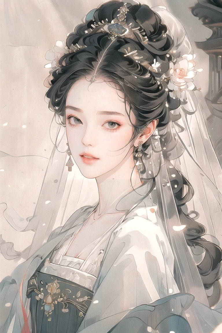 (masterpiece), best quality, best quality, Highly detailed CG Unity 8k wallpaper, Original, high resolution, (Depth of Field: 1.5), Honesty: 1.3, Chest, bride portrait style, 1 girl, curtain, veil , bridal veil, Wedding dress, curtain, Jewelry, Solitary, earrings, teeth, bride, Black_hair