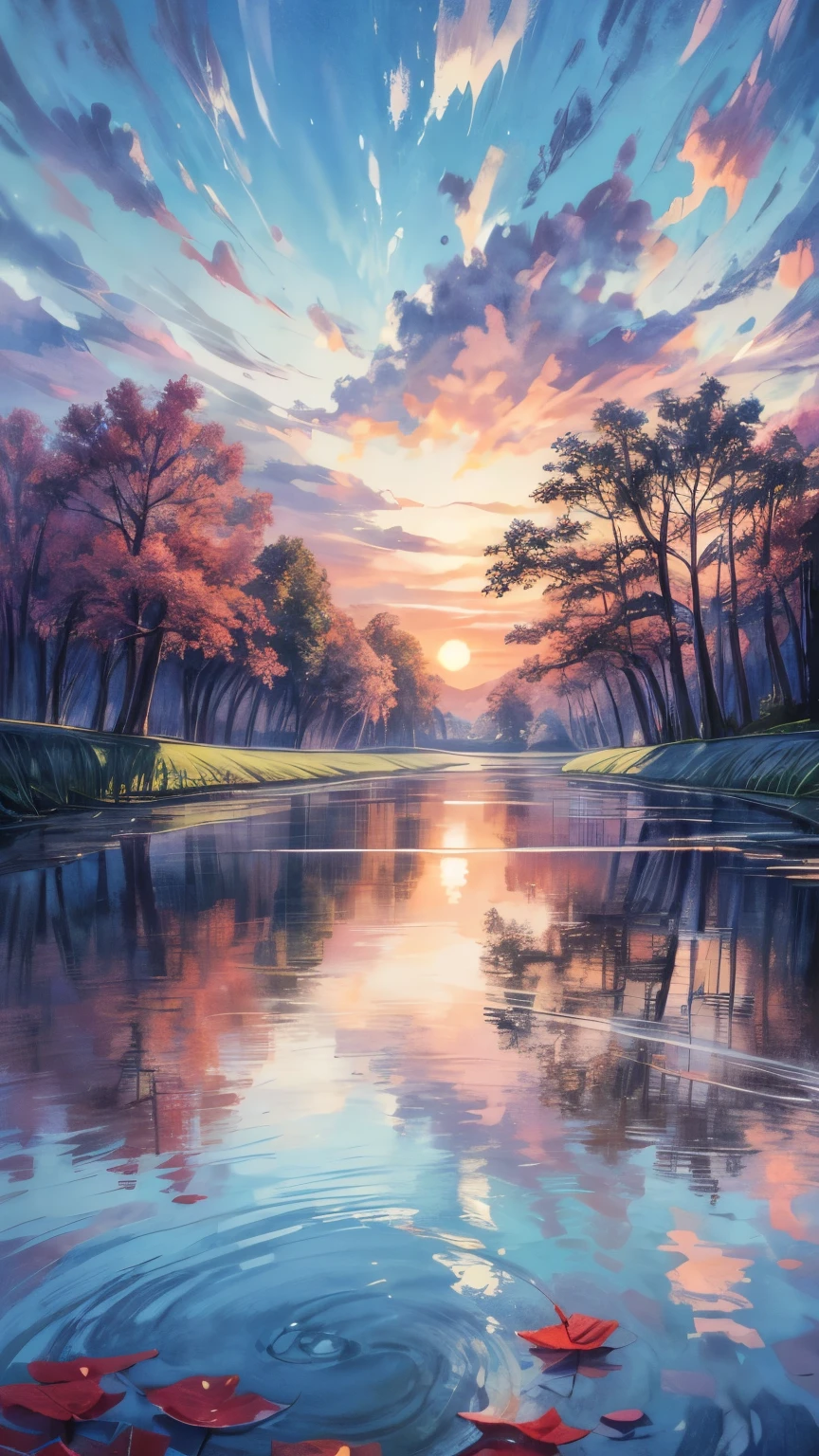 Impressionist watercolor landscape painting of a country house (Paddy field) By the quietly flowing river, The setting sun creates a colorful canvas in the sky.、The glow of the surrounding trees々or reflected on the calm water surface。, residence of, Quiet river, sunset , vibrant sunsets, Rich Nature, Twilight, Beautiful textures, luxuriant leaves, Gentle Harmony, Reflections in the water, Warm color palette, Wide range of brush strokes, Dreamy atmosphere, Gradient Sky, Soft lighting, Artistic impression