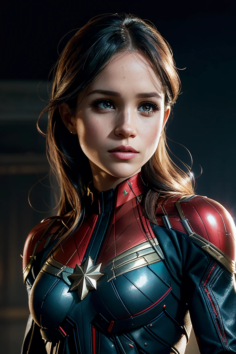 Meghan Markle, wearing Captain Marvel costume sexy clothes transparent. professionally retouched, soft lighting, realistic, smooth face, perfect eyes, sharp focus on eyes, 8 k, high definition, insanely detailed, intricate, elegant. in a natural background.