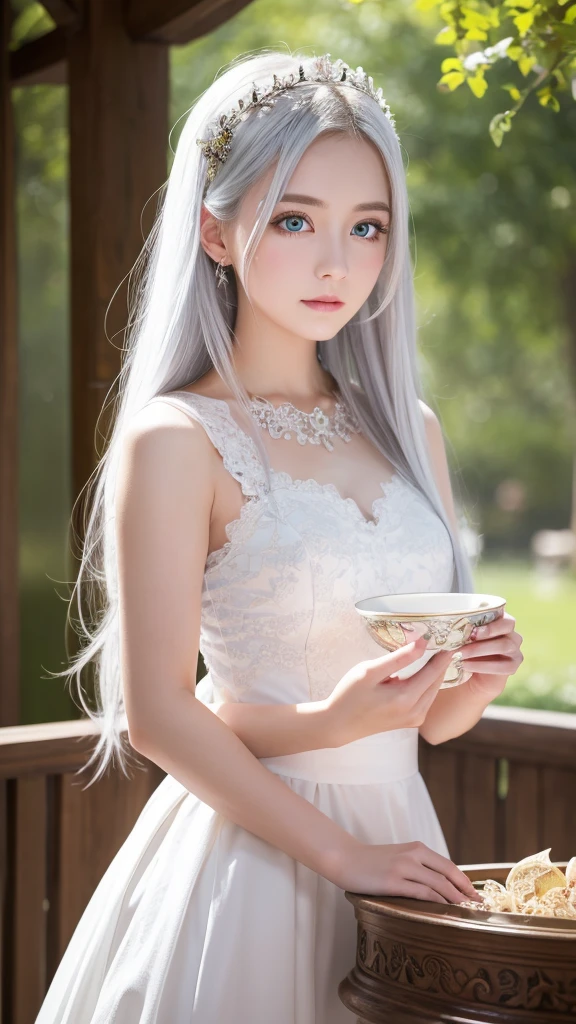 masterpiece, Highest quality, Very detailed, Holding a white singing bowl, Intricate details, High resolution, Official Art, Beautifully detailed face and eyes, High resolutionの写真, 8k, Depth of written boundary, Bokeh, alone, One girl, White haired and blue eyed goddess, Long white hair, Beautiful red eyes, Beautiful Landscape, heaven, Upper Body, View your viewers,