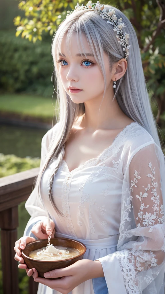 masterpiece, Highest quality, Very detailed, Holding a white singing bowl, Intricate details, High resolution, Official Art, Beautifully detailed face and eyes, High resolutionの写真, 8k, Depth of written boundary, Bokeh, alone, One girl, White haired and blue eyed goddess, Long white hair, Beautiful red eyes, Beautiful Landscape, heaven, Upper Body, View your viewers,