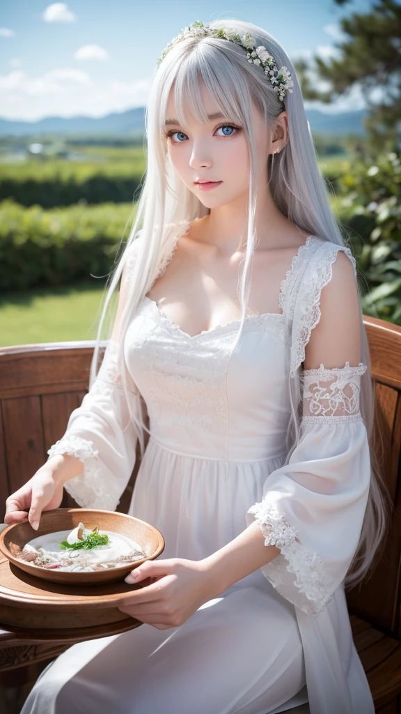 masterpiece, Highest quality, Very detailed, Holding a white singing bowl, Intricate details, High resolution, Official Art, Beautifully detailed face and eyes, High resolutionの写真, 8k, Depth of written boundary, Bokeh, alone, One girl, White haired and blue eyed goddess, Long white hair, Beautiful red eyes, Beautiful Landscape, heaven, Upper Body, View your viewers,