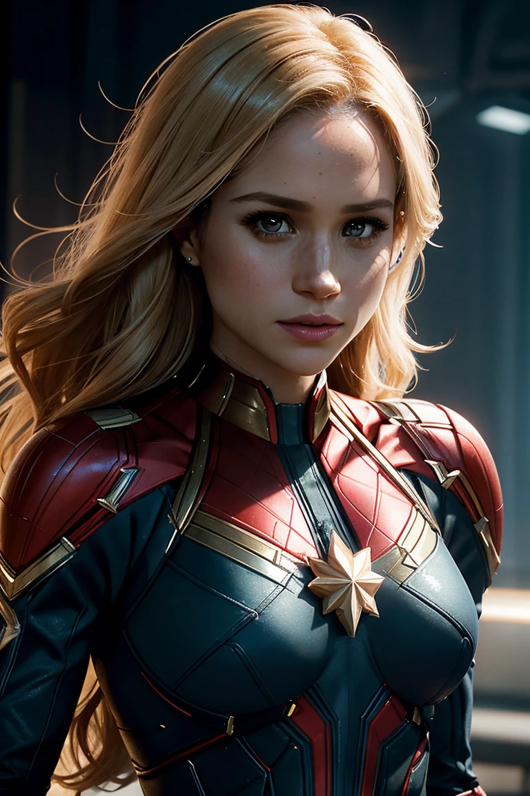 Meghan Markle, wearing Captain Marvel costume sexy clothes transparent. Visible nipples, professionally retouched, soft lighting, realistic, smooth face, perfect eyes, sharp focus on eyes, 8 k, high definition, insanely detailed, intricate, elegant. in a natural background.