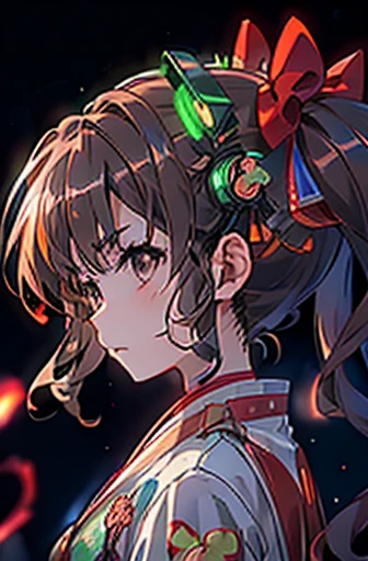 Kuroko Shirai with (chestnut brown hair) and (light hazel brown eyes), wearing a (dark green cyberhanfu),  technogear, glittering neon on a Chinese dress, glittering neon blue and red hairpins, a cowboy shot, exposed midriff