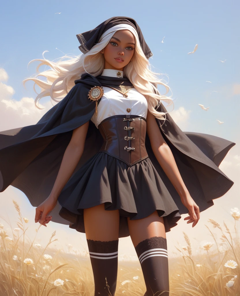((best quality)), ((masterpiece)), (detailed), 1girl, mixed race girl, African American + Caucasian girl with lighter skin, young woman, pretty, skinny, white hair, modern western attire, dark cloak, wearing casual clothes underneath cloak, black skirt, stockings, 2024 style corset top (modern look, no shirt underneath), modest, small head scarf/ hair tied, long hair