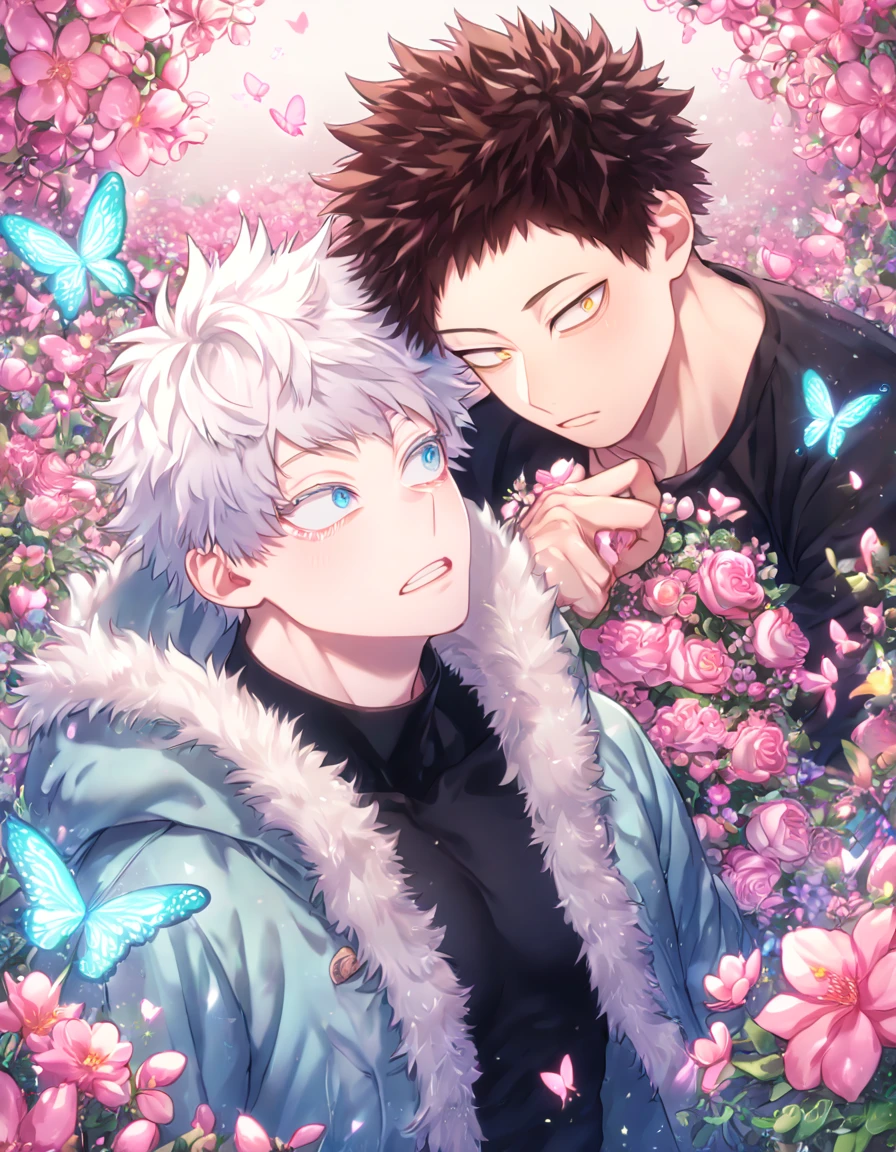 absurdres, highres, ultra detailed, HDR, master piece, best quality, extremely detailed face, delicated features, Overhaul, dark brown hair, short hair, short bangs, expressive yellow eyes, Boku No Hero Academia, Gojou Satoru, white hair, expressive blue eyes, white eyelashes, two sexy men together, yaoi, gay couple, handsome, light-blue coat with fur collar, green coat with fur collar, black tight shirt with patterns, fantasy, magical, pink butterflies, spring, pink leaves, pink flowers, water, garden