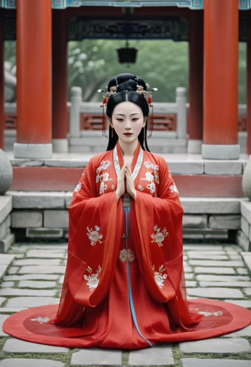 A naked Qing dynasty empress with her hands open, wearing a red loincloth, seen from the front. She is on the stone paving outside the Chinese palace during the Qing dynasty. Her Qing dynasty hair is tied with both ends, and she wears a gorgeous Chinese empress&#39;s crown and a hair ornament. Her hair is tied up and pulled up.、