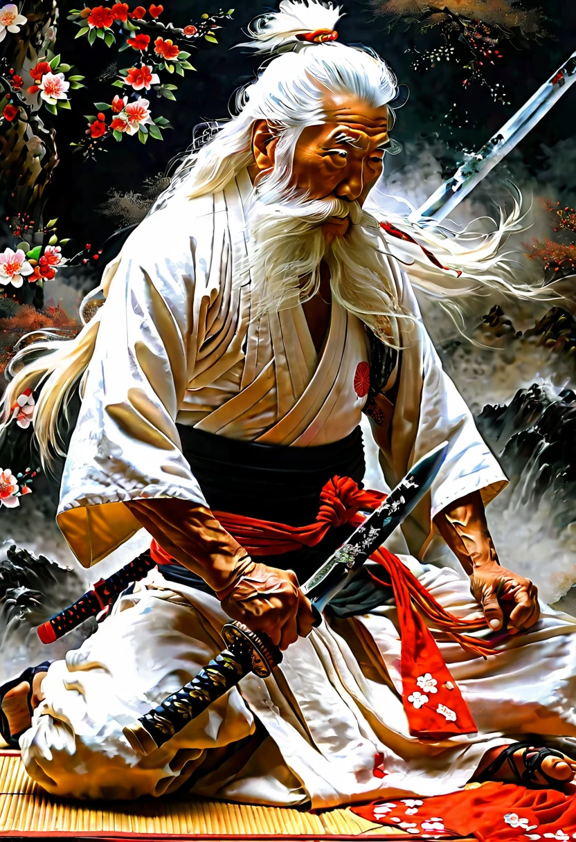 historic, elder, warrior,Wounded,Shirtless, Japanese sword, Long white hair, Long white beard，warrior,Grandpa, burst，Kneeling，Seppuku is committing suicide
