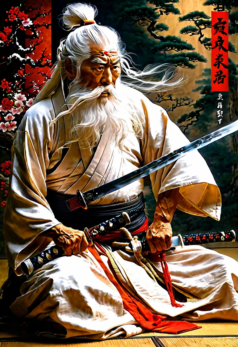 historic, elder, warrior,Wounded,Shirtless, Japanese sword, Long white hair, Long white beard，warrior,Grandpa, burst，Kneeling，Seppuku is committing suicide
