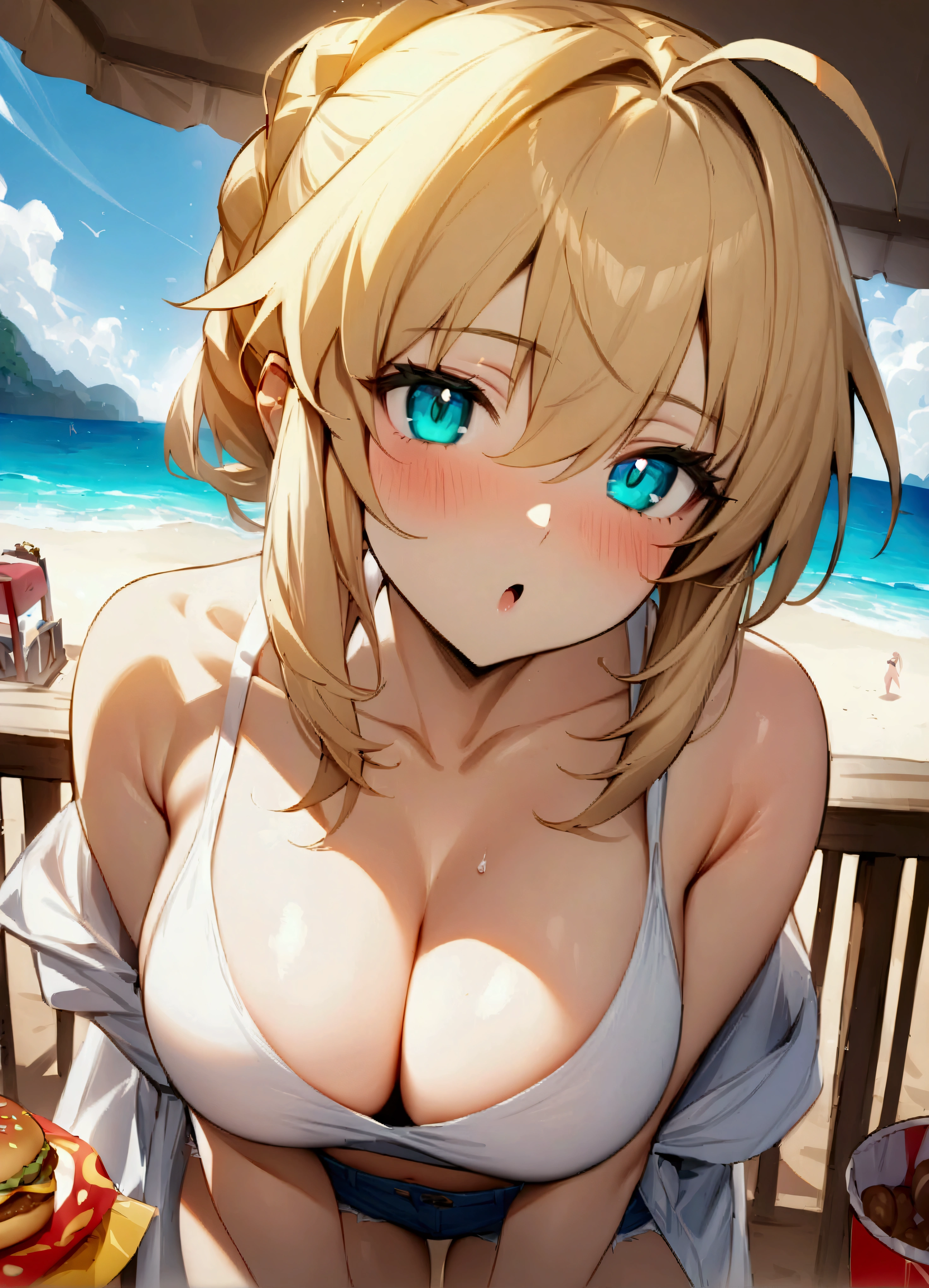 (masterpiece:1.4), (Highest quality:1.4), Beach House、One girl, Artoria Pendragon \(destiny\) , Short shorts, White shirt,  Beach, Cleavage,Crop top、All-you-can-eat junk food、Incarnation of gluttony、His eyes are shining、Sparkling、Haguhagu