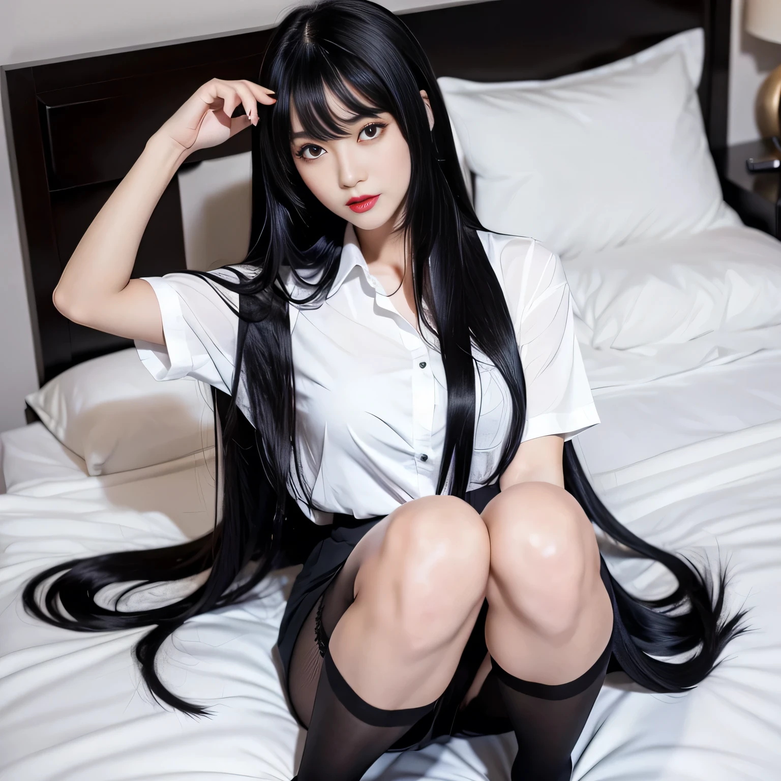 （Top image quality、top-quality、Top resolution、hyper realistic photography、Full body photo、​masterpiece、）1 Chinese college-student girl with very very long black hair and perfect bangs、wearing only a long white shirt and black stockings, beautiful long legs wearing stockings, sexy mature vibe, kneeling in bed, kneeling with arms squeezing breasts together, nipples poking the cloth of the shirt, dark makeup, red lipstick, evil, half-closed eyes, mind control, hypnosis, evil cadres, evil, seductive, Very long black hair、Image full of black hair、The length of the ultra-long hair that I have grown for many years is about 3 meters、Long black hair hides the whole body、An image in which only black hair and face are visible、Facing backwards、Long black hair is flowing from the bed to the floor、Images with mostly long black hair、I despise short-haired girls、I shampoo every day without fail.、Very long black hair is my only sex appeal、My attraction is Long black hair is a symbol of beauty、My pride is very long black hair、 My very long black hair is spread out in a fan shape, Very long black hair、Image full of black hair with perfect bangs, very long black hair touching bed and floor, very long black hair touching bed and floor, very long black hair touching bed and floor