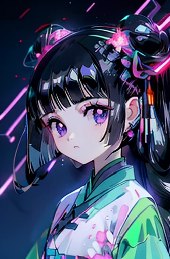 An adult Tomoyo Daidouji with (midnight black hair) and (pale violet eyes), wearing a (dark green cyberhanfu),  technogear, glittering neon on a Chinese dress, glittering neon blue and red hairpins, a cowboy shot, exposed midriff