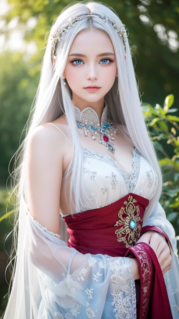 masterpiece, Highest quality, Very detailed, have a crystal, Intricate details, High resolution, Official Art, Beautifully detailed face and eyes, High resolutionの写真, 8k, Depth of written boundary, Bokeh, alone, One girl, White haired and blue eyed goddess, Long white hair, Beautiful red eyes, Beautiful Landscape, heaven, Upper Body, View your viewers,front