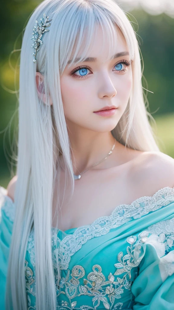 masterpiece, Highest quality, Very detailed, have a crystal, Intricate details, High resolution, Official Art, Beautifully detailed face and eyes, High resolutionの写真, 8k, Depth of written boundary, Bokeh, alone, One girl, White haired and blue eyed goddess, Long white hair, Beautiful red eyes, Beautiful Landscape, heaven, Upper Body, View your viewers,front