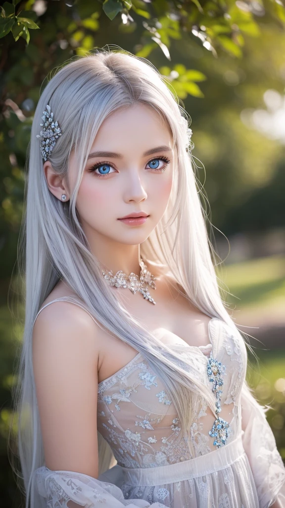 masterpiece, Highest quality, Very detailed, have a crystal, Intricate details, High resolution, Official Art, Beautifully detailed face and eyes, High resolutionの写真, 8k, Depth of written boundary, Bokeh, alone, One girl, White haired and blue eyed goddess, Long white hair, Beautiful red eyes, Beautiful Landscape, heaven, Upper Body, View your viewers,front