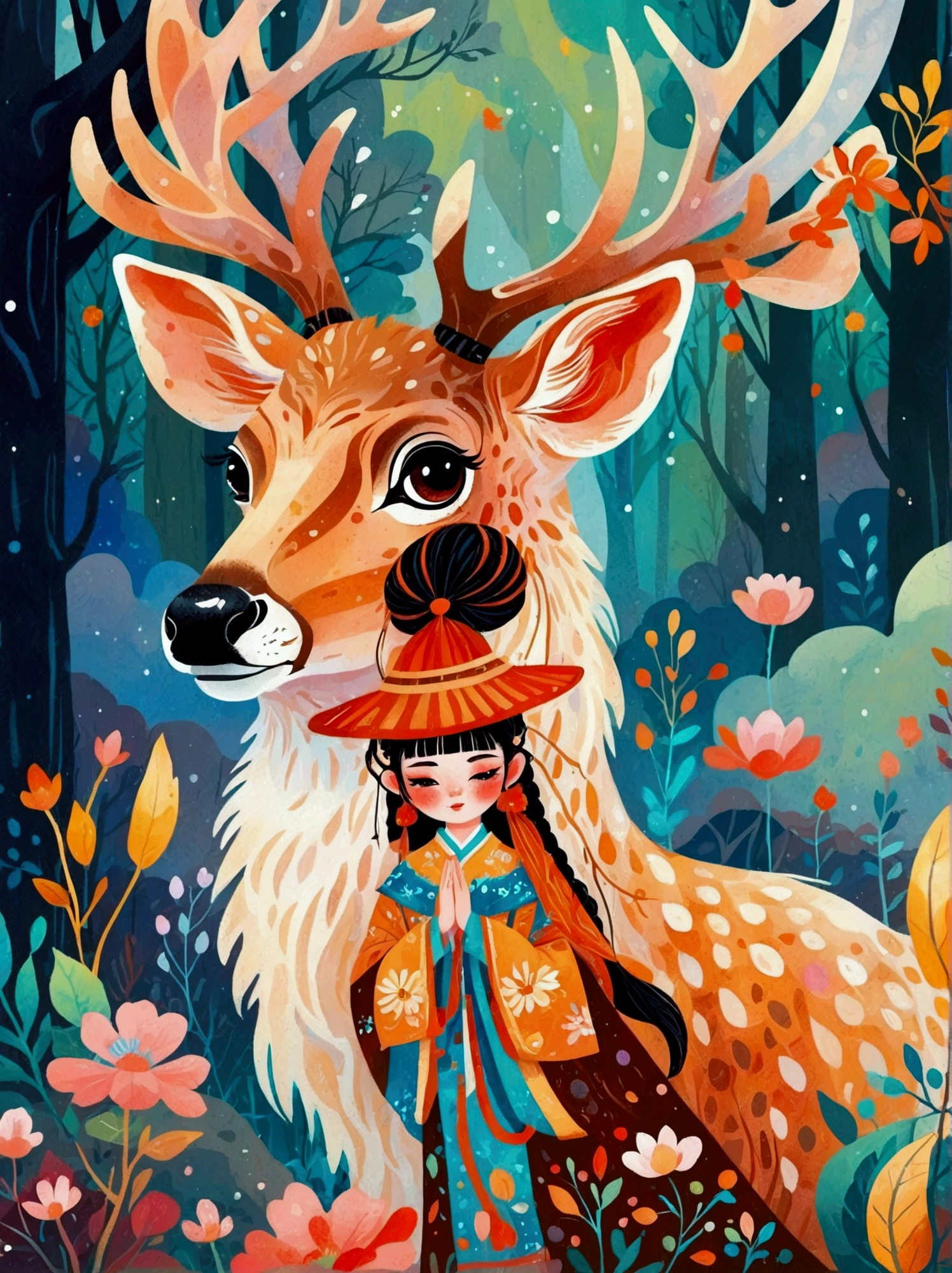 (8k,Bright colors,Bright,Ultra high saturation,rgb, Colorful), Cartoon,Character Design,Surreal photos,Nine-Colored Deer Guardian,High-resolution photos,The huge and beautiful seven-colored deer,A peaceful and dreamy scene,A little girl in Hanfu sits next to a giant nine-colored deer,(((In prayer))),so cute,Detailed facial details,The background is a magical forest full of spirituality,Create soft、Flowing atmosphere。Beautiful overall composition,microorganism,plant,Marine Life,Exquisite eyes,Starry Sky,Abstract mosaic painting,Describing the inner world of autistic people,Sense of space,White space,interesting,Innocence,Psychedelic Art,可爱的Q版Cartoon风格,Simple background,Colorful illustrations, Bright colors, Full body image, HD, High-resolution images in a Q-version style